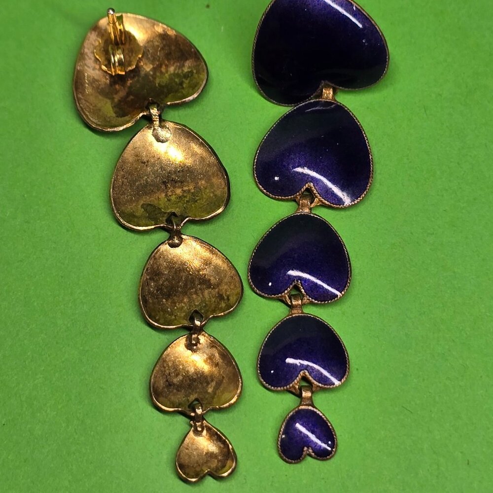Vintage Blue Enamel Heart Dangle Earrings Gold Tone Linked Hearts Drop Pair